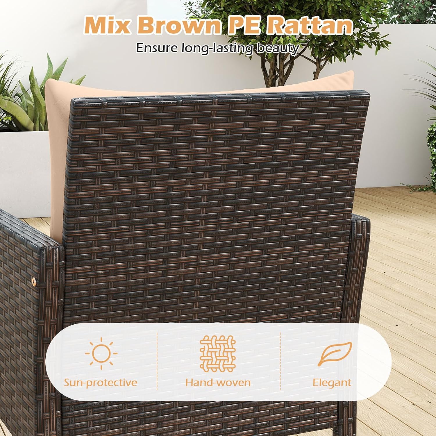 Tangkula 3 Pieces Patio PE Wicker Furniture Set, Outdoor Bistro Conversation Set with Cushions and Tempered Glass Coffee Table, Outside Rattan Table and Chairs for Porch (Beige)