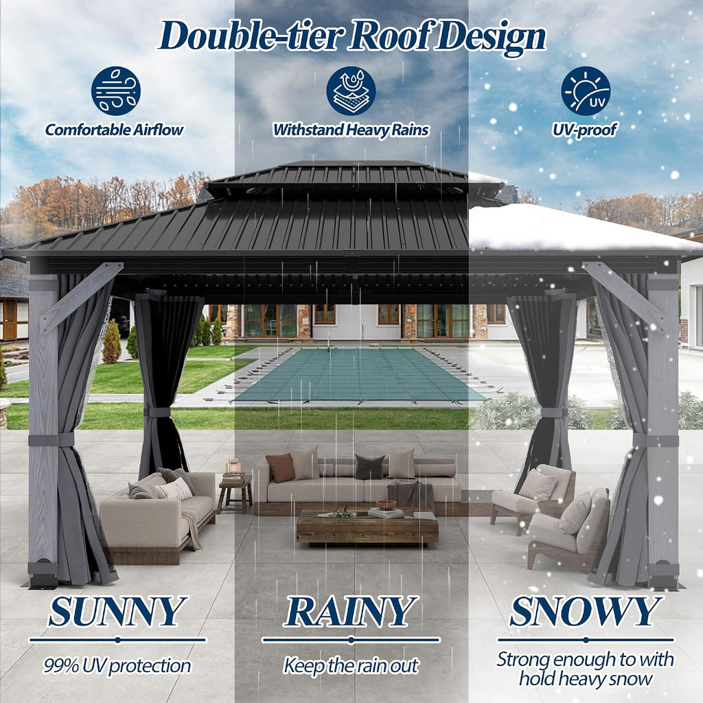 COVERONICS 12'x16' Outdoor Wood Gazebo - Hardtop Wooden Gazebo with Galvanized Steel Roof, Heavy-Duty Pavilion with Netting & Curtains for Garden, Poolside, Deck, Backyard