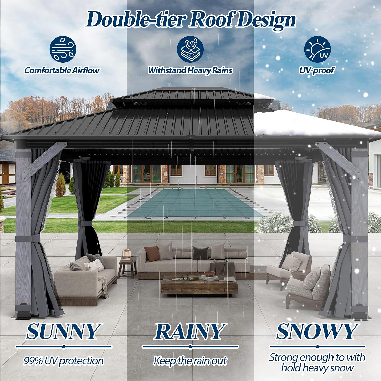 COVERONICS 12'x16' Outdoor Wood Gazebo - Hardtop Wooden Gazebo with Galvanized Steel Roof, Heavy-Duty Pavilion with Netting & Curtains for Garden, Poolside, Deck, Backyard
