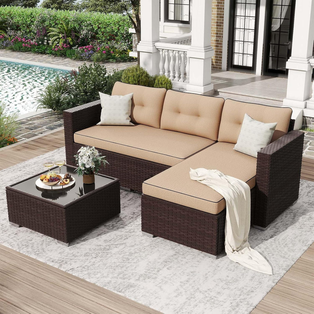 JOIVI Outdoor Patio Furniture Set, Wicker Patio Conversation Set with Tempered Glass Coffee Table, All-Weather Rattan Furniture Small Sectional Sofa Set, L-Shaped Outdoor Seating with Cushions, Brown