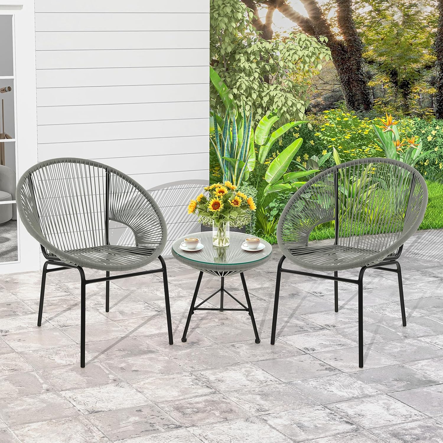 Tangkula 3 Piece Outdoor Patio Furniture Set, Acapulco Chair Set w/Plastic Rope, Tempered Glass Table, All Weather Patio Bistro Set for Patio, Lawn, Garden, Backyard (Grey)