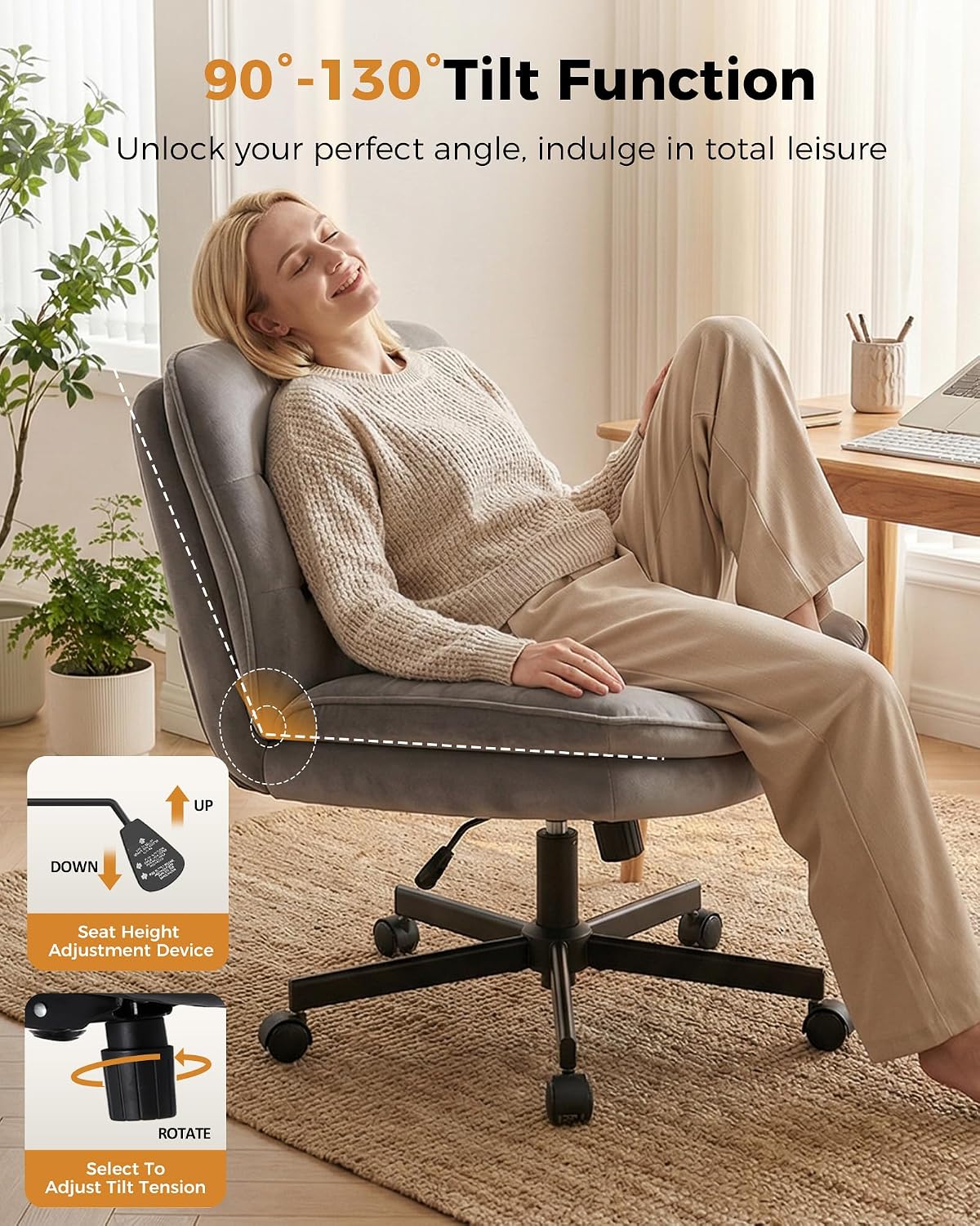 COMHOMA Cross Legged Office Chair with Wheels Armless-Office Desk Chair, Modern Vanity Computer Task Chairs for Home Bedroom, Comfortable Wide Seat for Lower Back Pain Relief, Soft Velvet, Gray