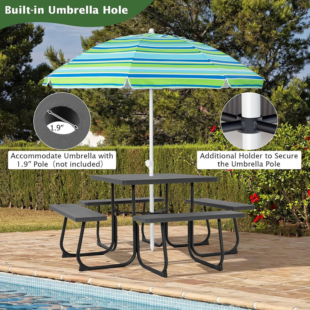 Giantex Picnic Table Bench Set for 8 Persons, Square Outdoor Table with Umbrella Hole, HDPE Top & Metal Frame, 2000LBS Capacity, Patio Table Bench Set for Deck Backyard Garden, Black