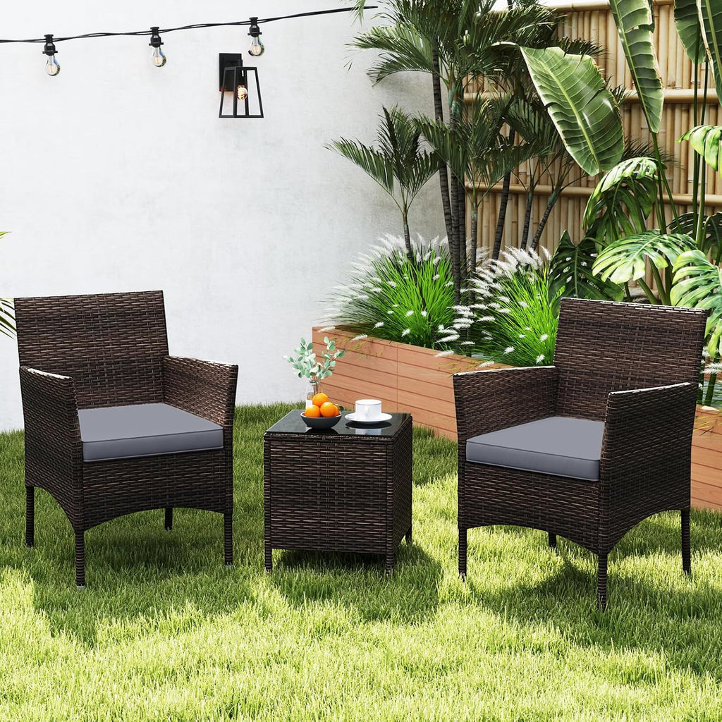 Tangkula 3 Pieces Patio Rattan Furniture Set, Outdoor Conversation Set with PE Wicker Armchairs, Tempered Glass Top Coffee Table, Soft Removable Cushions, for Porch Garden Yard Balcony (Grey)