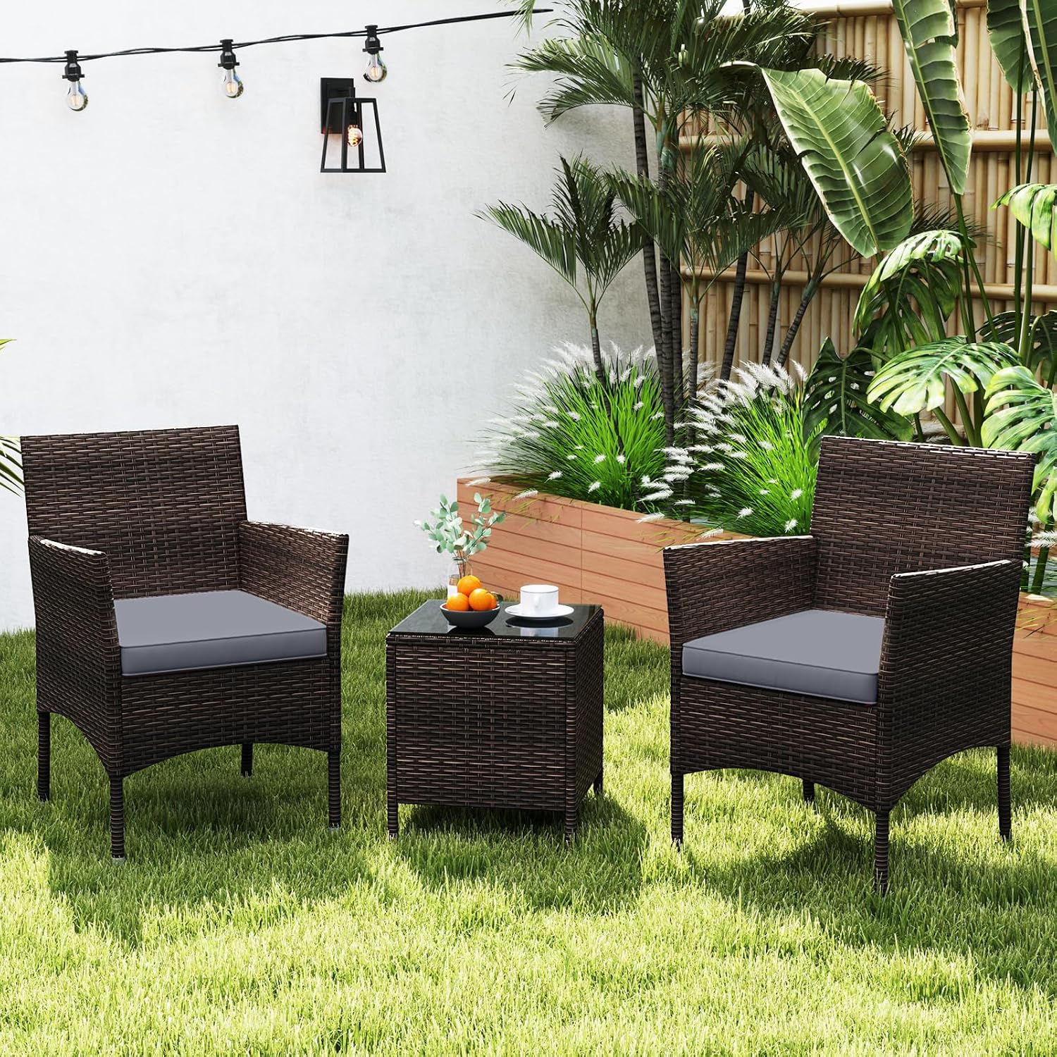 Tangkula 3 Pieces Patio Rattan Furniture Set, Outdoor Conversation Set with PE Wicker Armchairs, Tempered Glass Top Coffee Table, Soft Removable Cushions, for Porch Garden Yard Balcony (Grey)