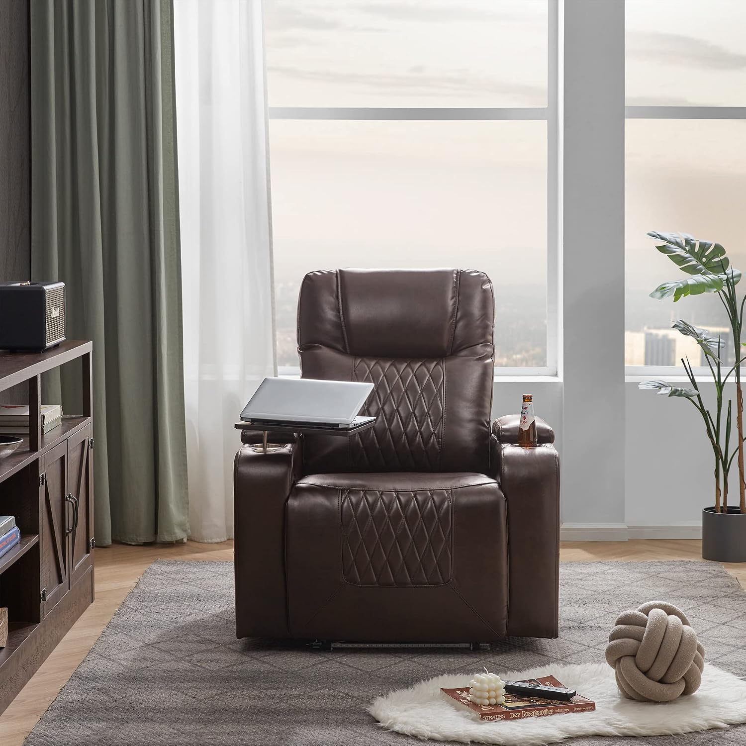 Merax Electric Recliner Chair with USB Charge Port, 360 Swivel Tray Table, Hand in-Arm Storage, and Cup Holders, Ambient Lighting - Ambient Lighting Gaming Recliner Chair Home Theater Seating