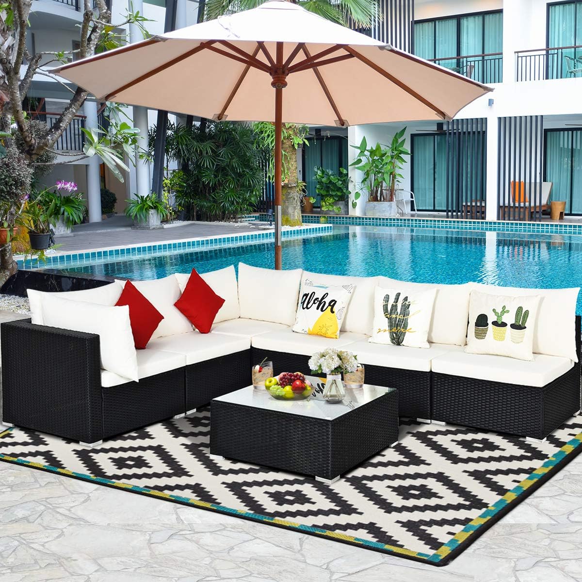 COSTWAY 7 Pieces Patio Furniture Set, Outdoor Rattan Conversation Set with 6 Seats, Coffee Tea Table, Soft Cushions, Wicker Patio Sectional Sofa for Garden Balcony Porch Poolside, Beige