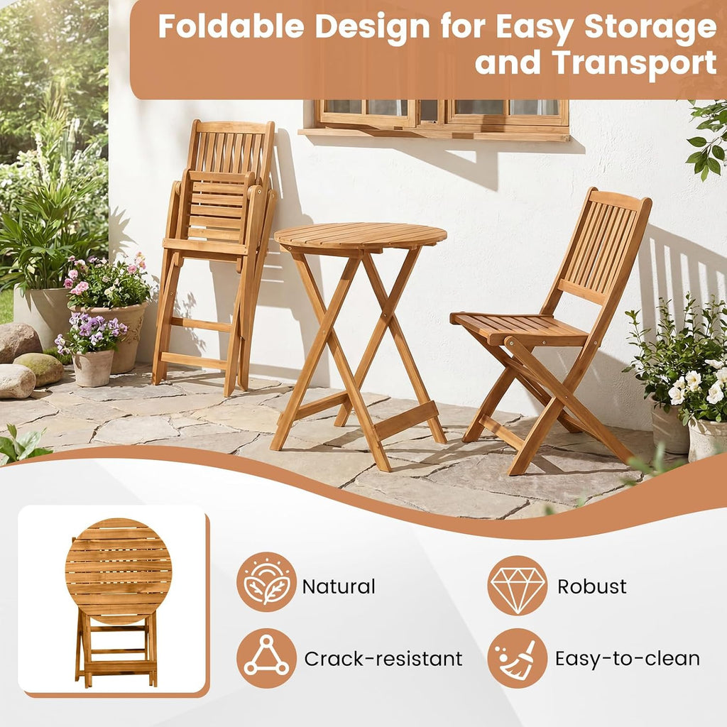 Giantex 3Pcs Patio Bistro Set, Wood Folding Table Set, 2 Cushioned Chairs for Garden Yard, Outdoor Furniture Round Table (Natural & Beige)