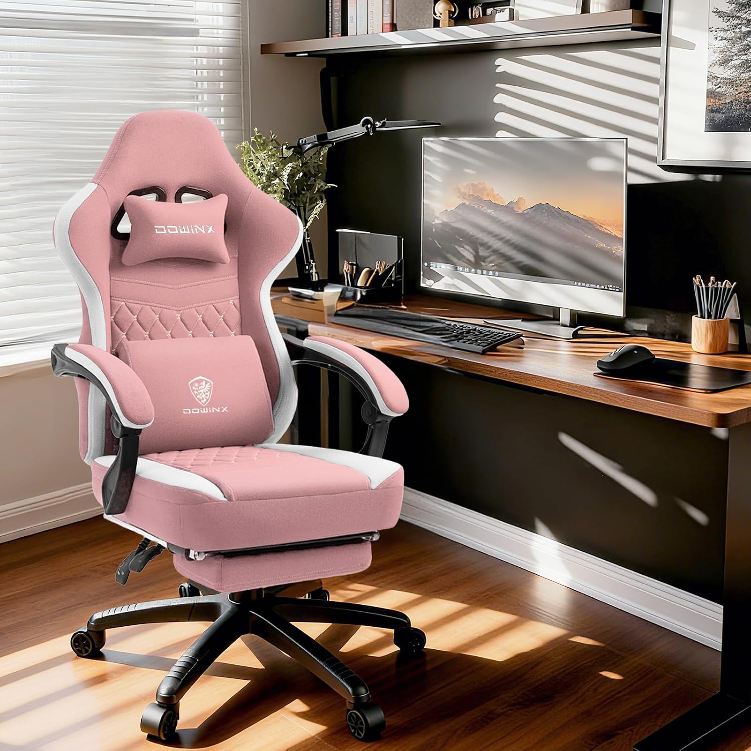 Dowinx Gaming Chair Breathable Fabric Game Chair with Gel Pad and Storage Bag, Comfortable Gamer Chair with Pocket Spring Cushion,Ergonomic Computer Chair with Footrest,Pink
