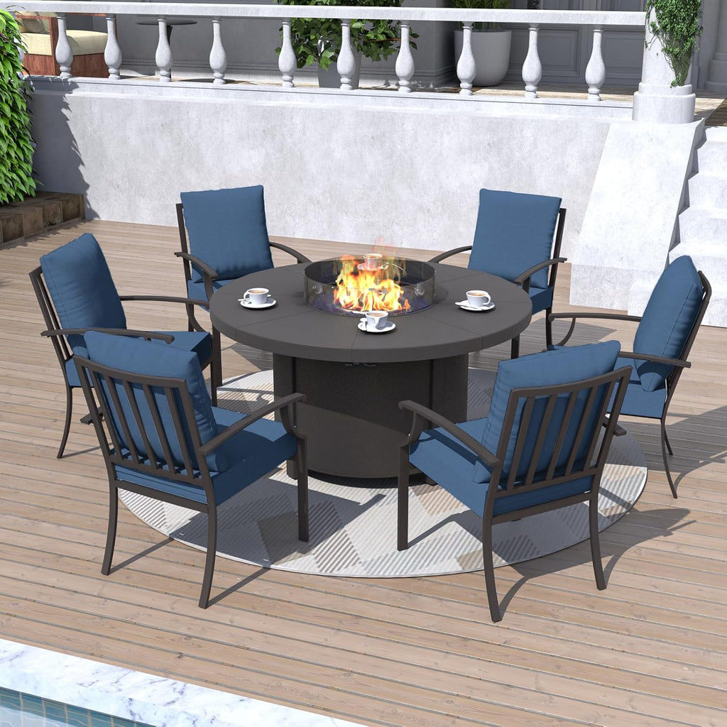 Kurapika 7 Piece Metal Outdoor Patio Furniture Set with 48' Round Fire Pit Table, Patio Conversation Sets 6 Fixed Chairs with Thick Cushion and 40000 BTU Propane Fire Pit Table, Navy Blue