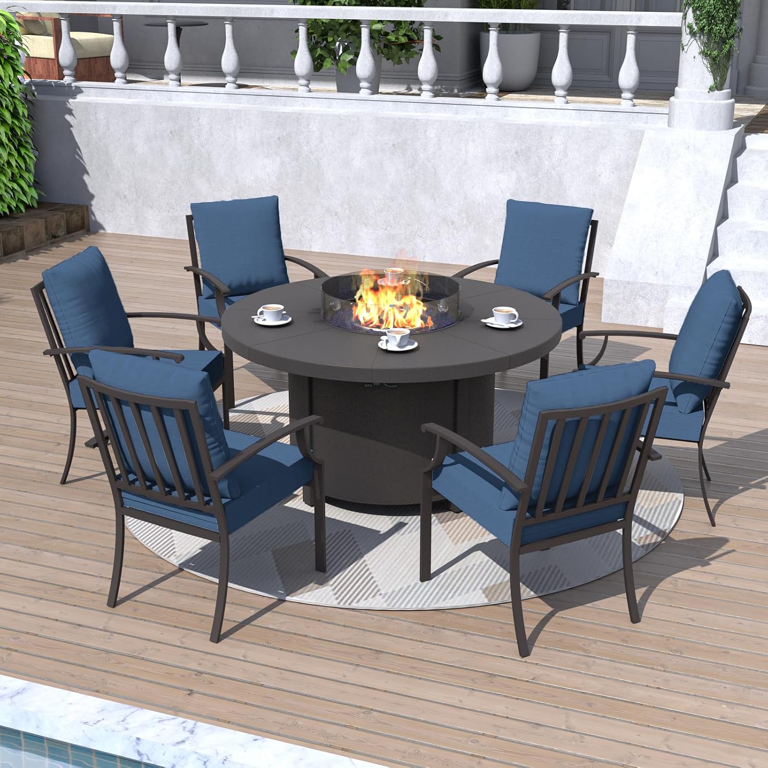 Kurapika 7 Piece Metal Outdoor Patio Furniture Set with 48' Round Fire Pit Table, Patio Conversation Sets 6 Fixed Chairs with Thick Cushion and 40000 BTU Propane Fire Pit Table, Navy Blue