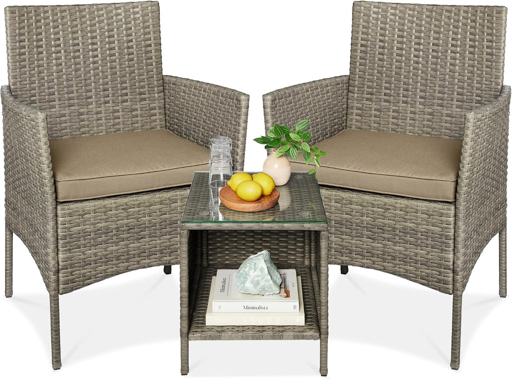 Best Choice Products 3-Piece Outdoor Wicker Conversation Bistro Set, Space Saving Patio Furniture for Garden w/Side Table - Taupe/Desert