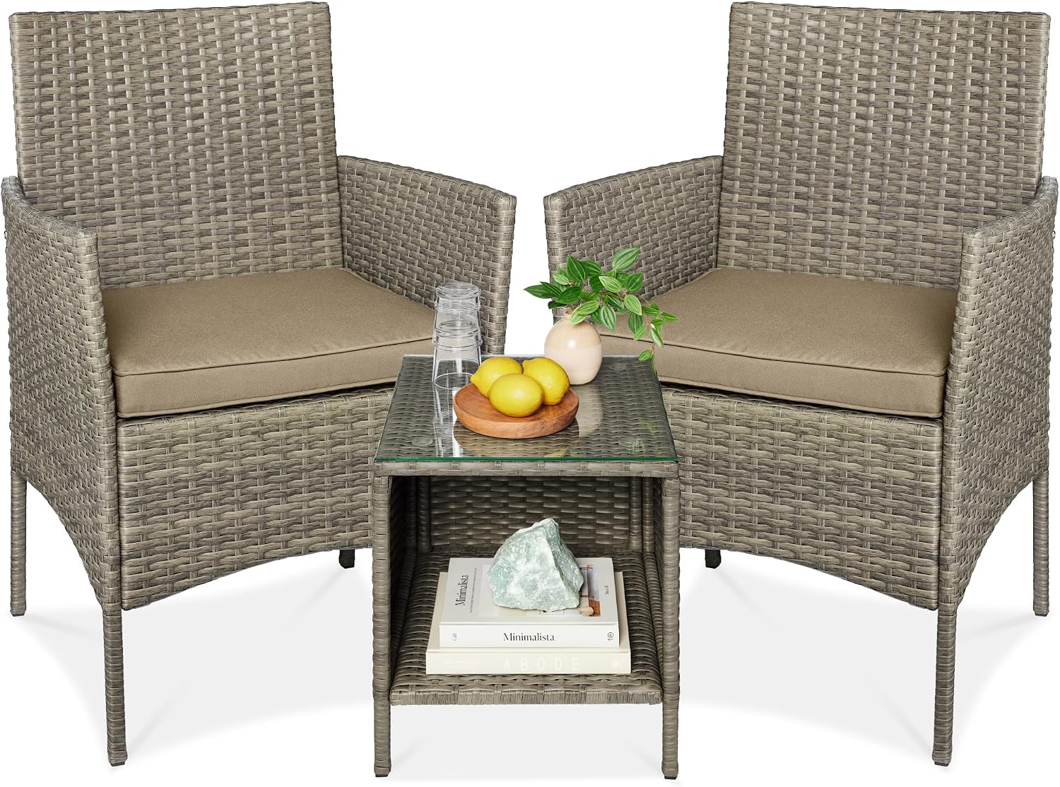 Best Choice Products 3-Piece Outdoor Wicker Conversation Bistro Set, Space Saving Patio Furniture for Garden w/Side Table - Taupe/Desert