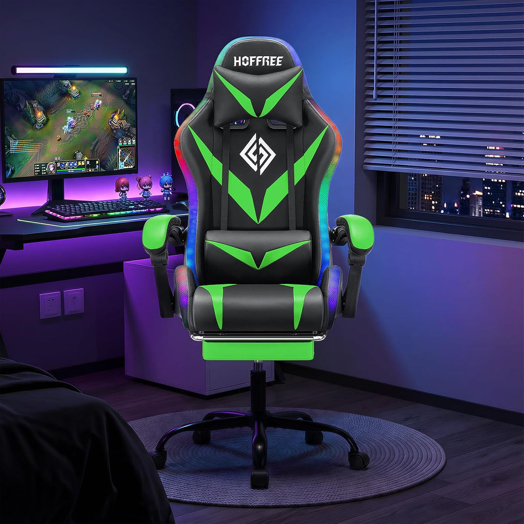 RGB Gaming Chair with LED Lights and Massage Ergonomic Computer Chair with Footrest High Back Video Game Chair with Adjustable Lumbar Support Linkage Armrest Green and Black