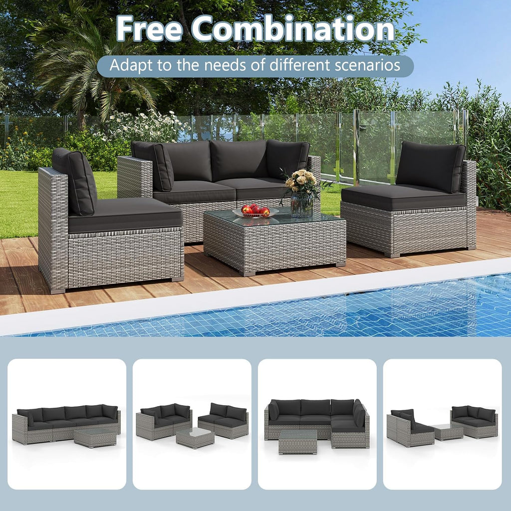 Tangkula 10-Piece Outdoor Patio Sectional Sofa Couch, PE Rattan Conversation Set w/Glass Coffee Table & Cushions, Outdoor Furniture Set w/Sturdy Metal Frame for Garden Poolside Backyard
