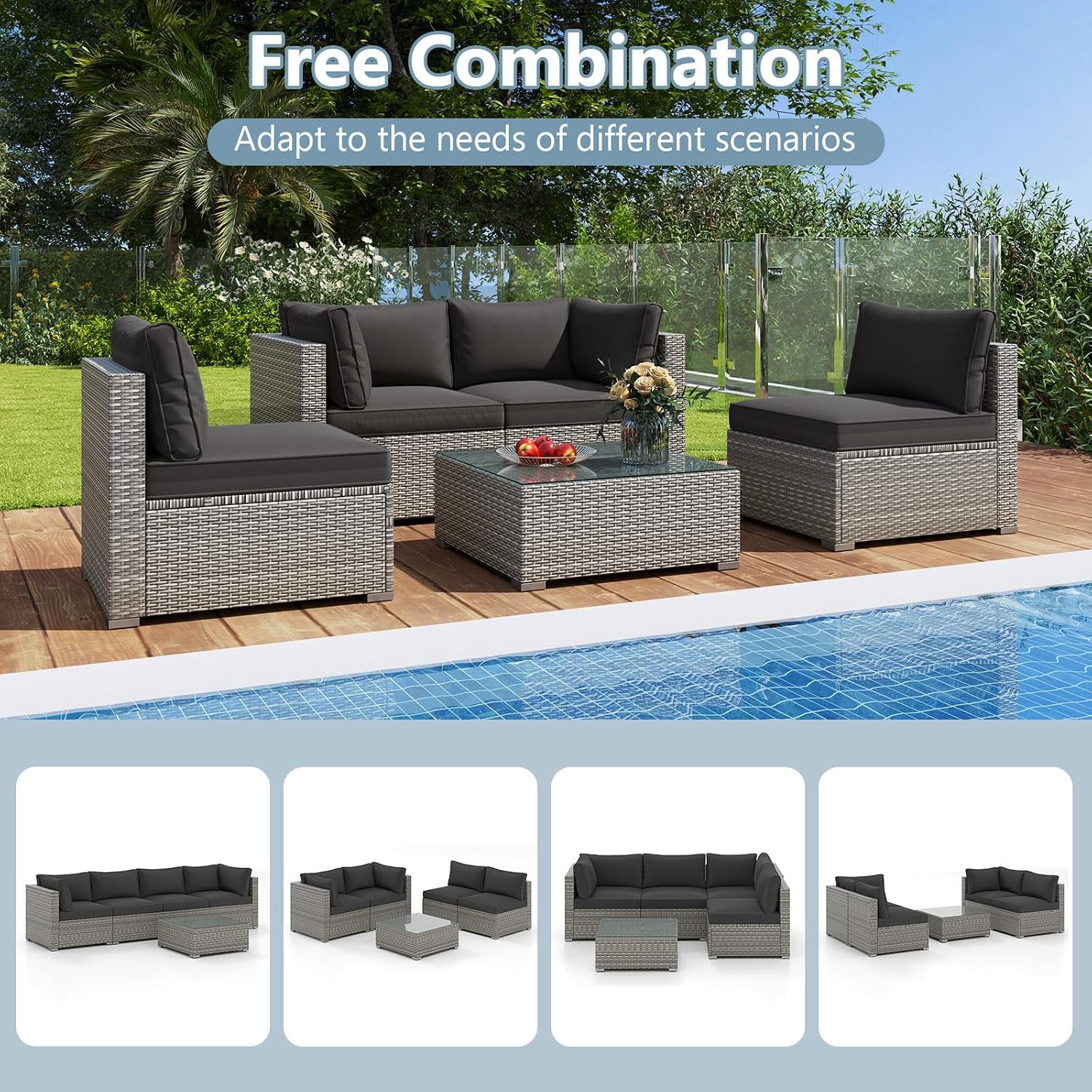 Tangkula 10-Piece Outdoor Patio Sectional Sofa Couch, PE Rattan Conversation Set w/Glass Coffee Table & Cushions, Outdoor Furniture Set w/Sturdy Metal Frame for Garden Poolside Backyard