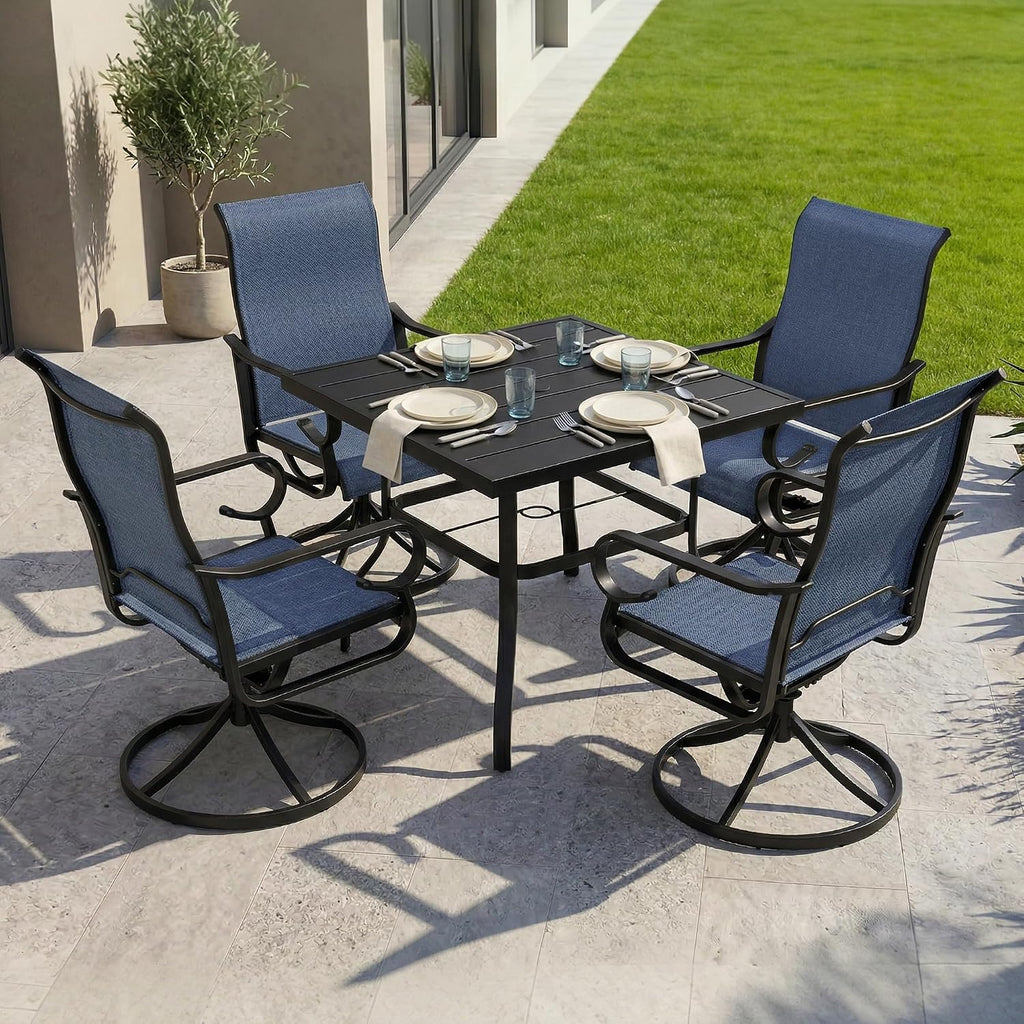 NUU GARDEN 5-Piece Breathable Textilene Outdoor Dining Set, Slatted Outdoor Table and Chairs with Swivel Base, All Weather Patio Furniture Set with Umbrella Hole for Backyard, Garden, Blue
