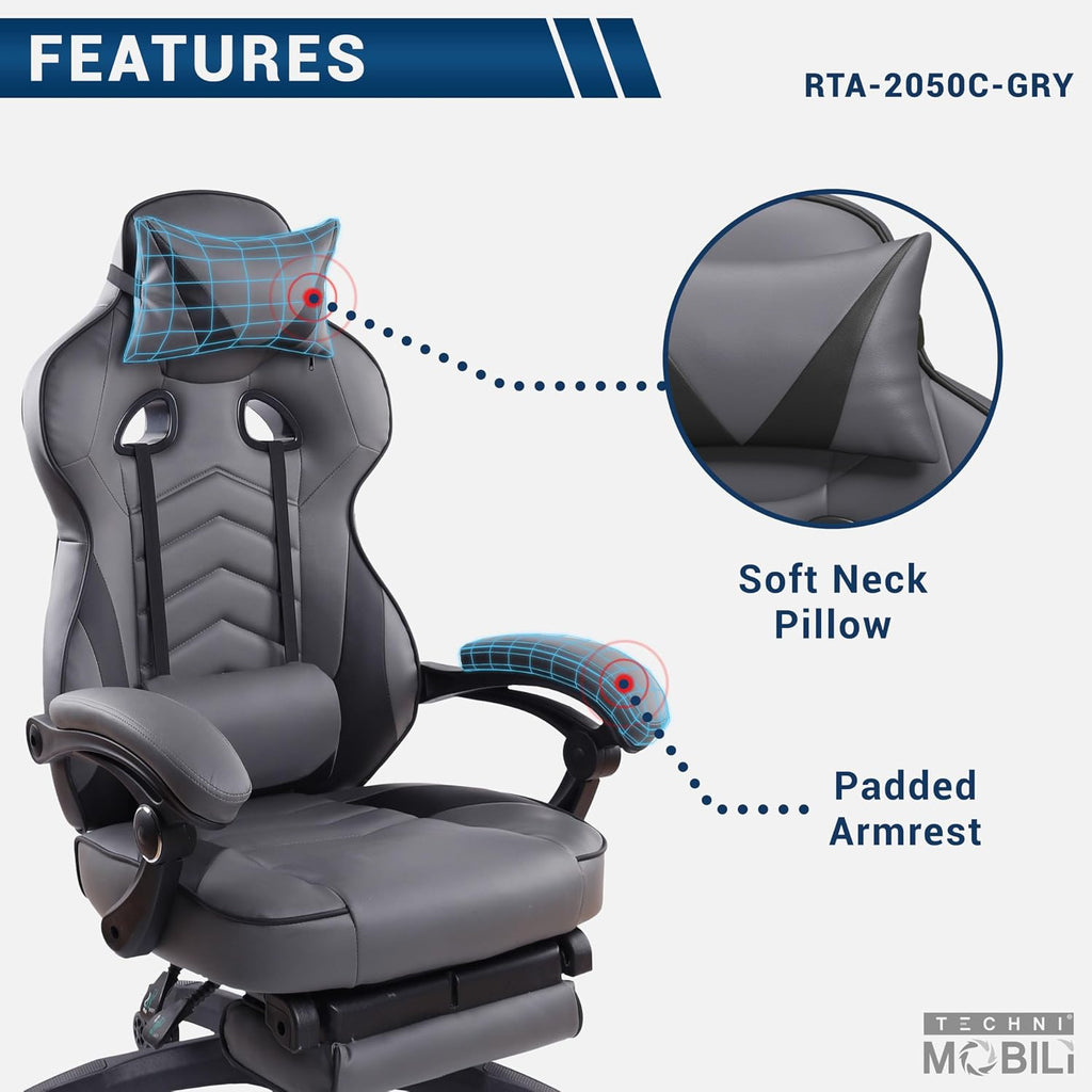 Executive Office or Gaming Chair with Footrest, Padded PU Leather Office Chair with 150-Degree Recline, Lumbar Support & Headrest Pillow, Grey