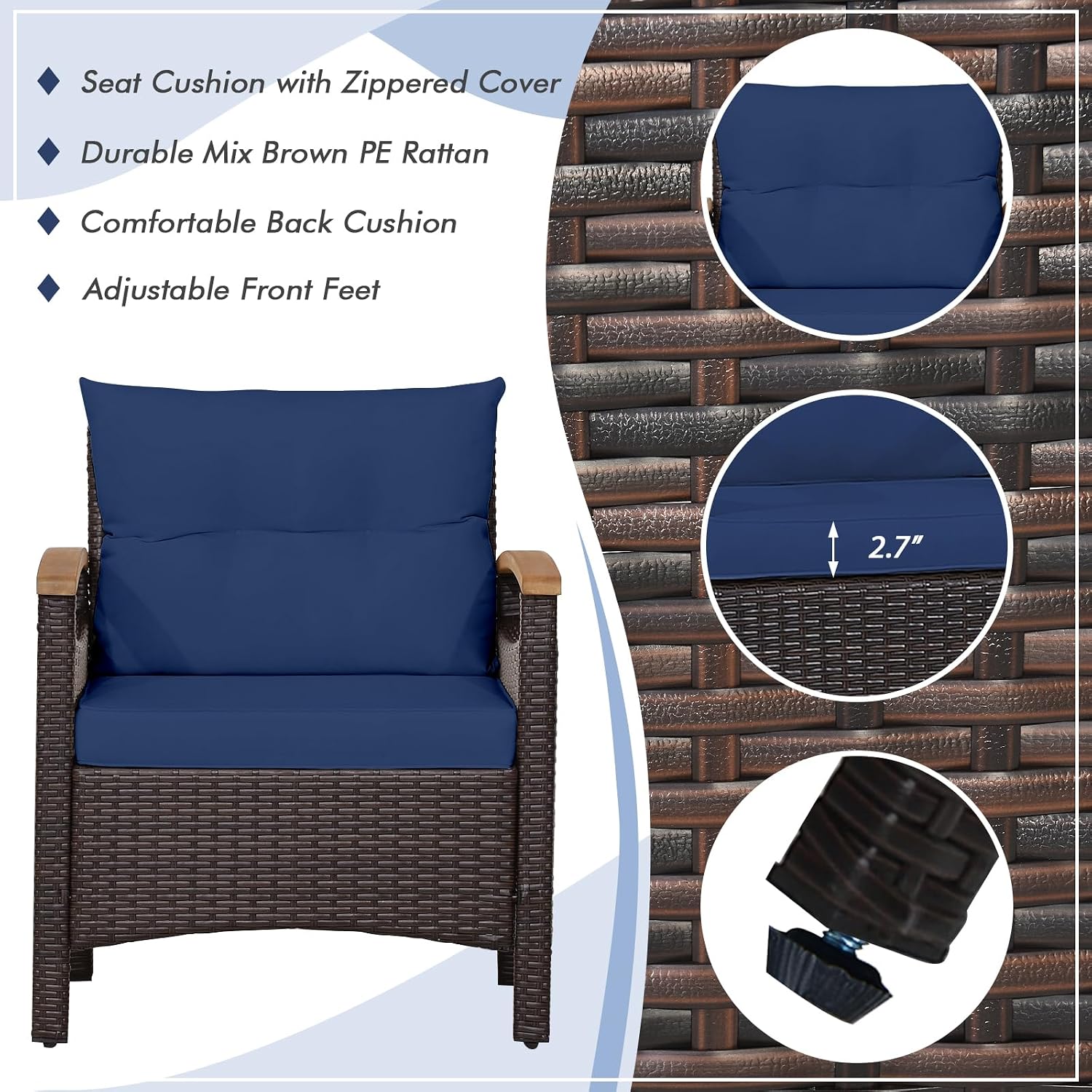 Tangkula 3-Piece Patio Furniture Set, Patiojoy Outdoor Rattan Sofa Set with Coffee Table, Patio Conversation Set with Removable Cushion, Cozy Acacia Wood Armrests for Backyard, Poolside (Navy)