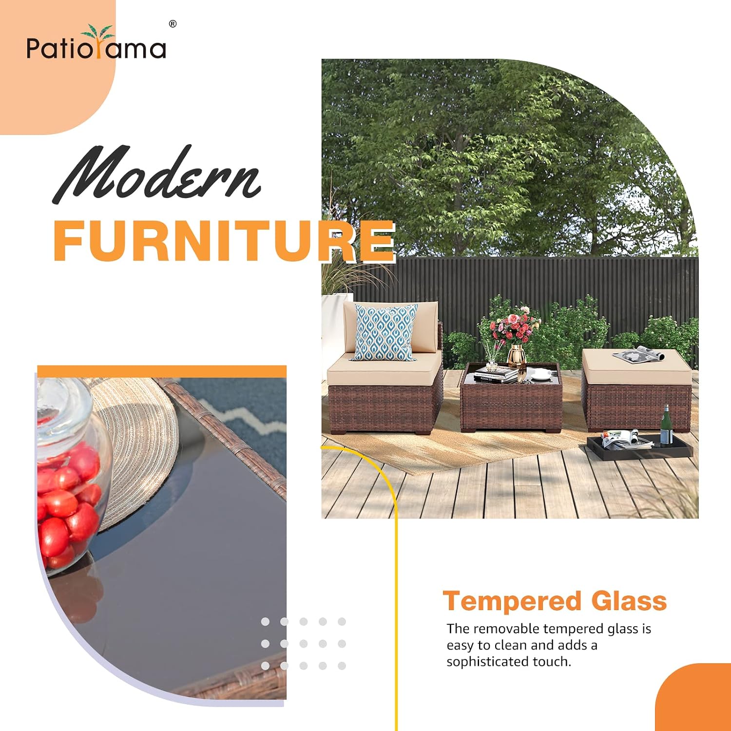 Patiorama 3 Piece Patio Furniture Set, Outdoor Sectional Sofa, PE Wicker Rattan Conversation Set, All Weather Armless Chair and Ottoman with Coffee Table, Brown Wicker Beige Cushion