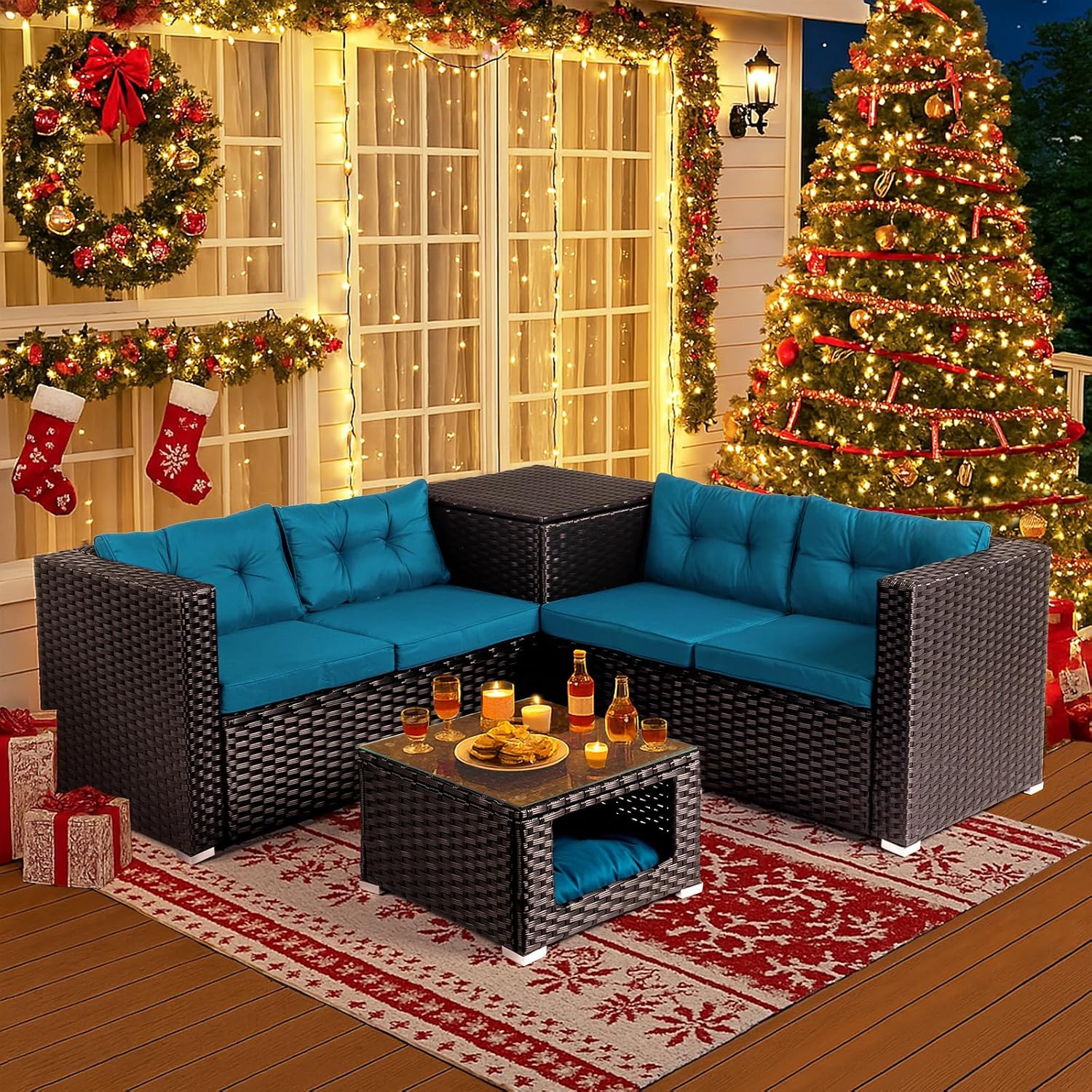 Outvita 4 Piece Outdoor Patio Furniture Set, PE Rattan Conversation Sofa Set, Wicker All-Weather Outside Furniture w/Glass Top Coffee Table with Pet Ped & Hidden Storage for Garden, Balcony (Black)