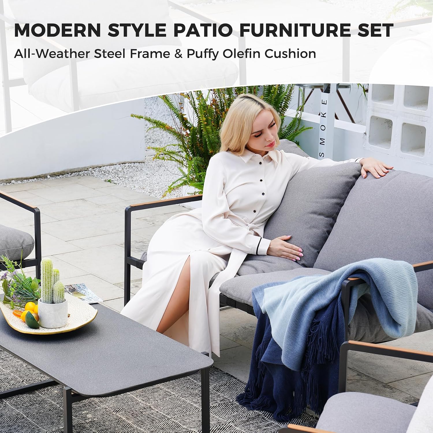 Grand Patio 4-Piece Modern Outdoor Furniture Set, Patio Sofa with Cushion, Metal Couch with Coffee Table, Conversation Set for Porch Deck Balcony Backyard Living Room