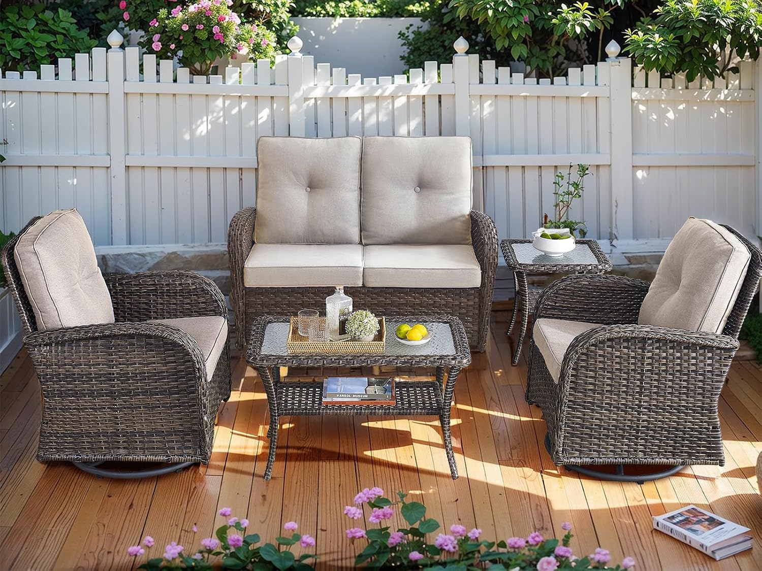 HUMMUH 5-Piece Patio Furniture PE Wicker Outdoor Conversation Set,All-Weather Rattan Swivel Chairs Outdoor Glider Couch for Backyard,Poolside,Deck