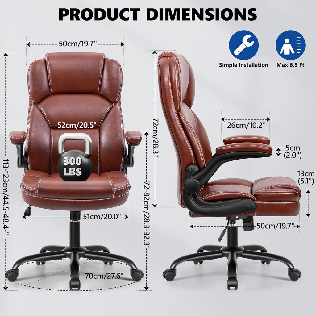 PU Leather Executive Office Chair, Ergonomic High-Back Computer & Gaming Chair with Adjustable Height, Rolling Swivel & Flip-Up Armrests, Comfy Padded Seat for Home Office-Brown