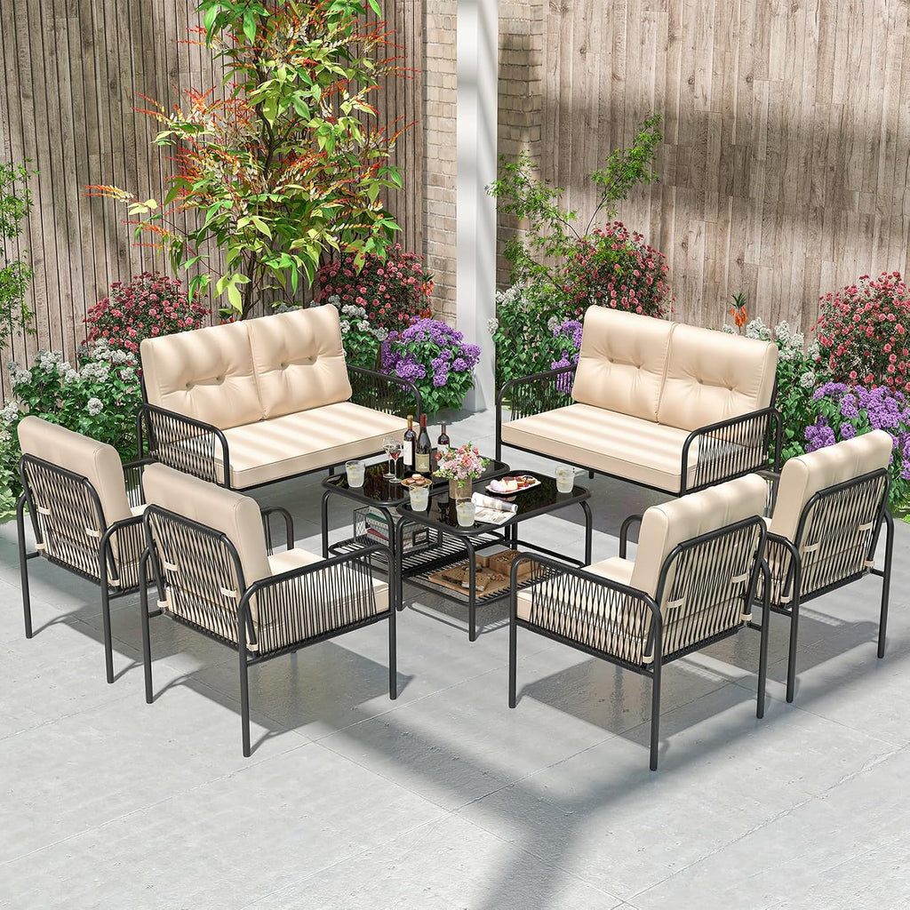 Tangkula 8 Pieces Patio Furniture Set, PE Rattan Sofa Chairs with Loveseat, Tempered Glass Coffee Table and Soft Cushions, Outdoor Conversation Set for Porch, Backyard, Garden and Poolside