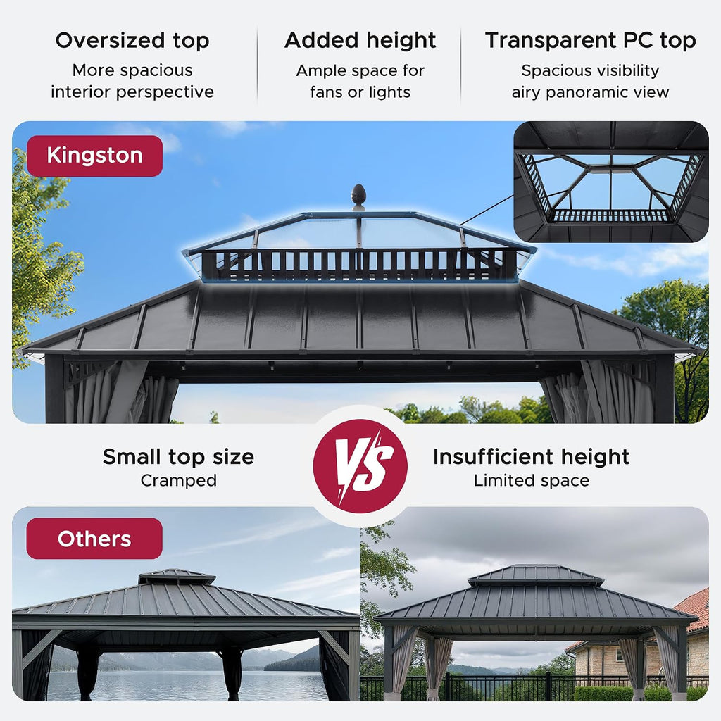 SUNJOY Kingston 12' x 10' Hardtop Gazebo with Galvanized Steel/Polycarbonate Double Roof, Curtain and Netting, Gray Aluminum Posts Permanent Pavilion Gazebo for Garden, Patio, Deck, Lawn