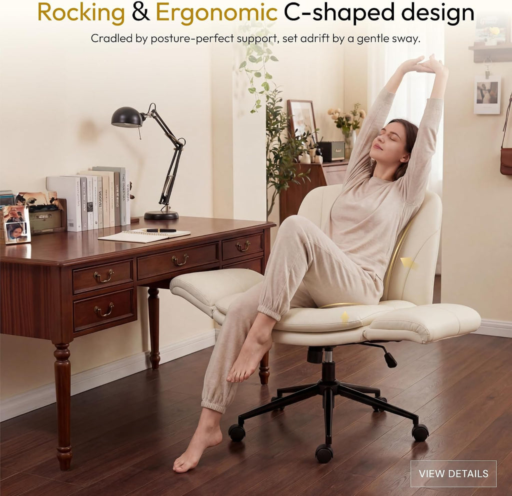 Dowinx Criss Cross Chair with Five-Level Adjustable Arms and Wheels - Comfortable Ergonomic PU Leather Swivel Vanity Chair - Computer Makeup Gaming Chair for Home Office, Bedroom, Vanity Room (Khaki)