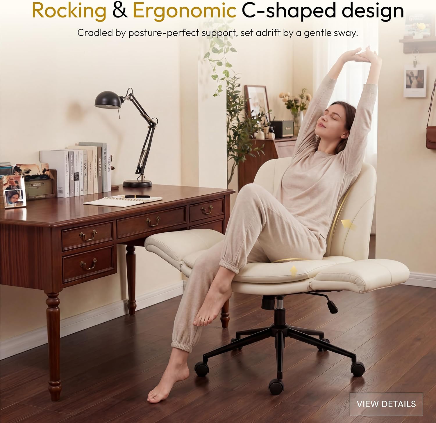 Dowinx Criss Cross Chair with Five-Level Adjustable Arms and Wheels - Comfortable Ergonomic PU Leather Swivel Vanity Chair - Computer Makeup Gaming Chair for Home Office, Bedroom, Vanity Room (Khaki)
