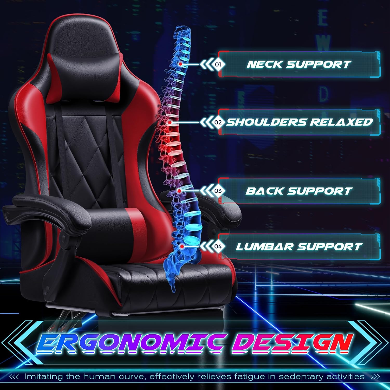 Shahoo Gaming Chair with Footrest and Massage Lumbar Support, Computer Game Chairs Ergonomic Office Seat Height Adjustable with Headrest, Red