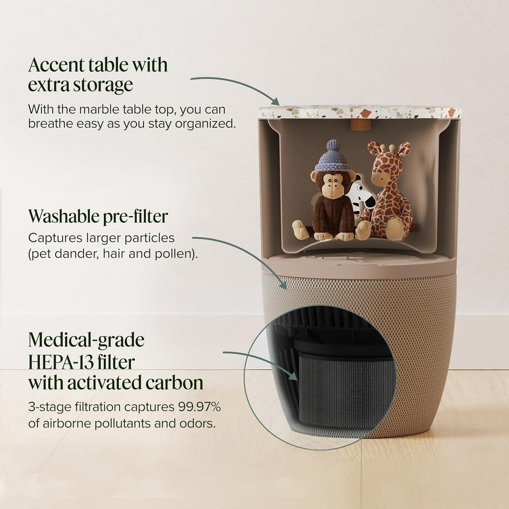 Dupray Bloom Air Purifier, HEPA-13 Filter, Ultra-Quiet 20 dB Sleep Mode, Activated Carbon for Odors, 360-Degree Airflow, Large Rooms up to 1,517 sq ft (Accent Table - Terrazzo, Latte)