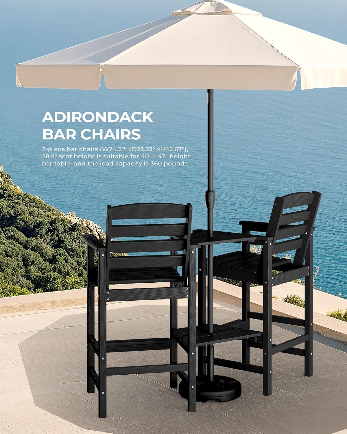 SERWALL Tall Adirondack Chairs Set of 2 with Connecting Table, All Weather Outdoor Barstools, Black