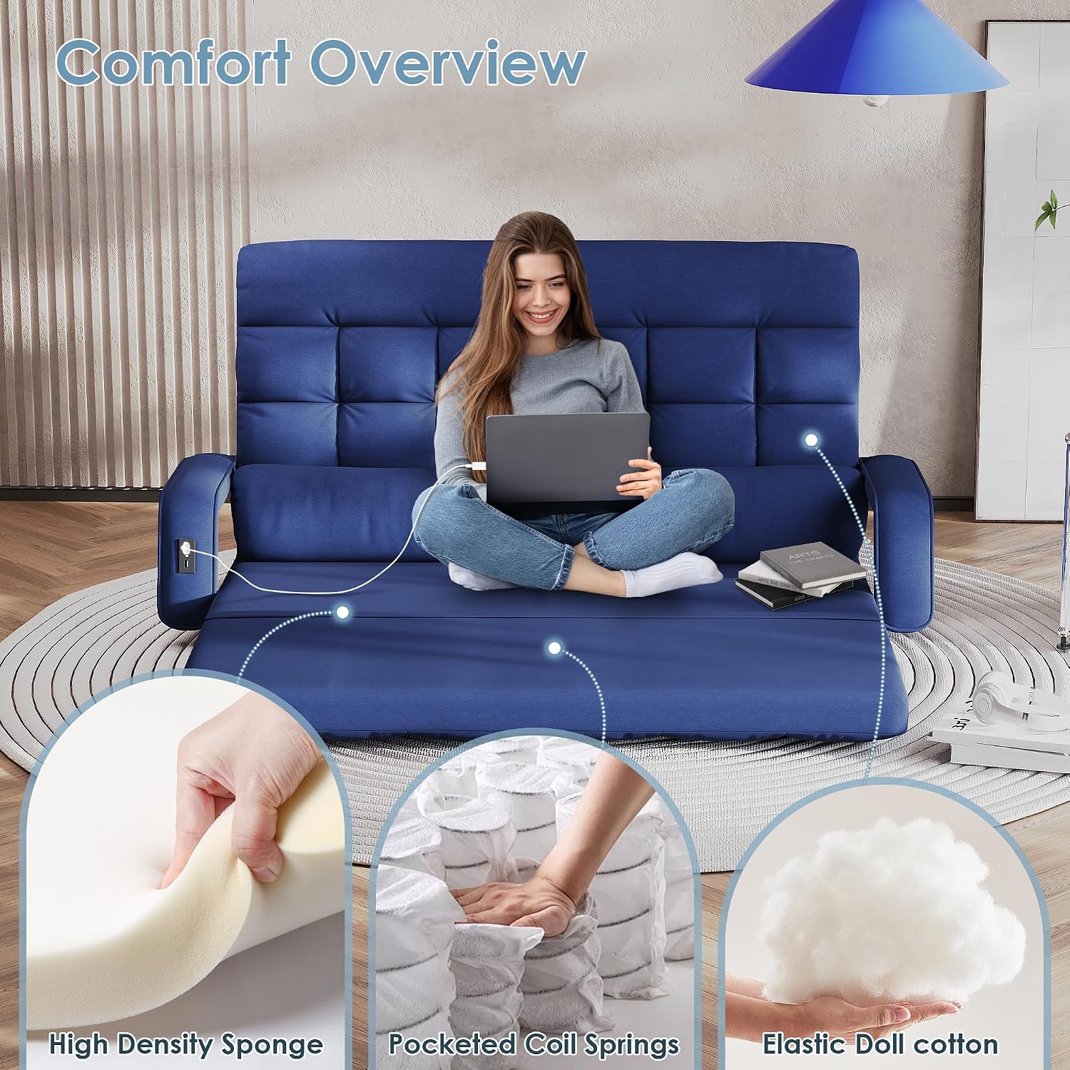 STHOUYN Comfy Bedroom Chair with 2 USB Charging Ports, 5-Position Floor Couch Gaming Chairs for Adults, Lounge Chair Indoor Folding Lazy Sofa Meditation Arm Dorm Chair Living Room (Navy Blue)