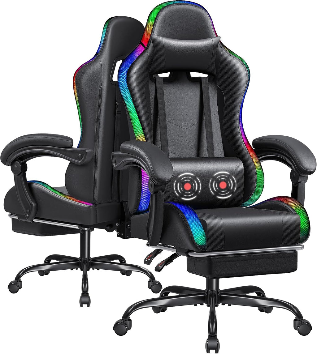 Furmax Gaming Chair with RGB LED Lights, Video Game Chair with Footrest and Massage Lumbar Support, High Back Reclining Computer Chair with Headrest, Swivel Seat Gamer Chair (LED Black)