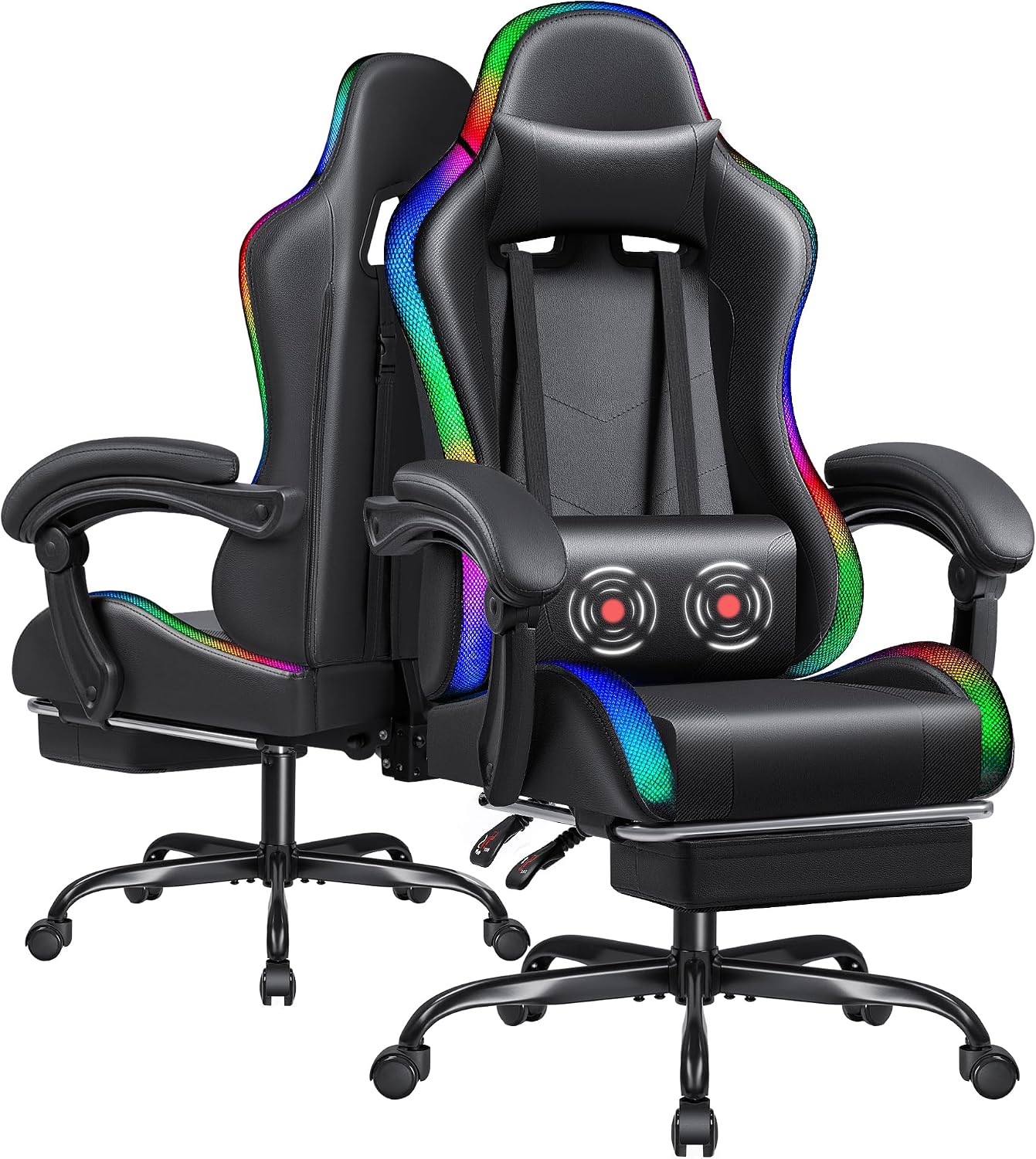 Furmax Gaming Chair with RGB LED Lights, Video Game Chair with Footrest and Massage Lumbar Support, High Back Reclining Computer Chair with Headrest, Swivel Seat Gamer Chair (LED Black)