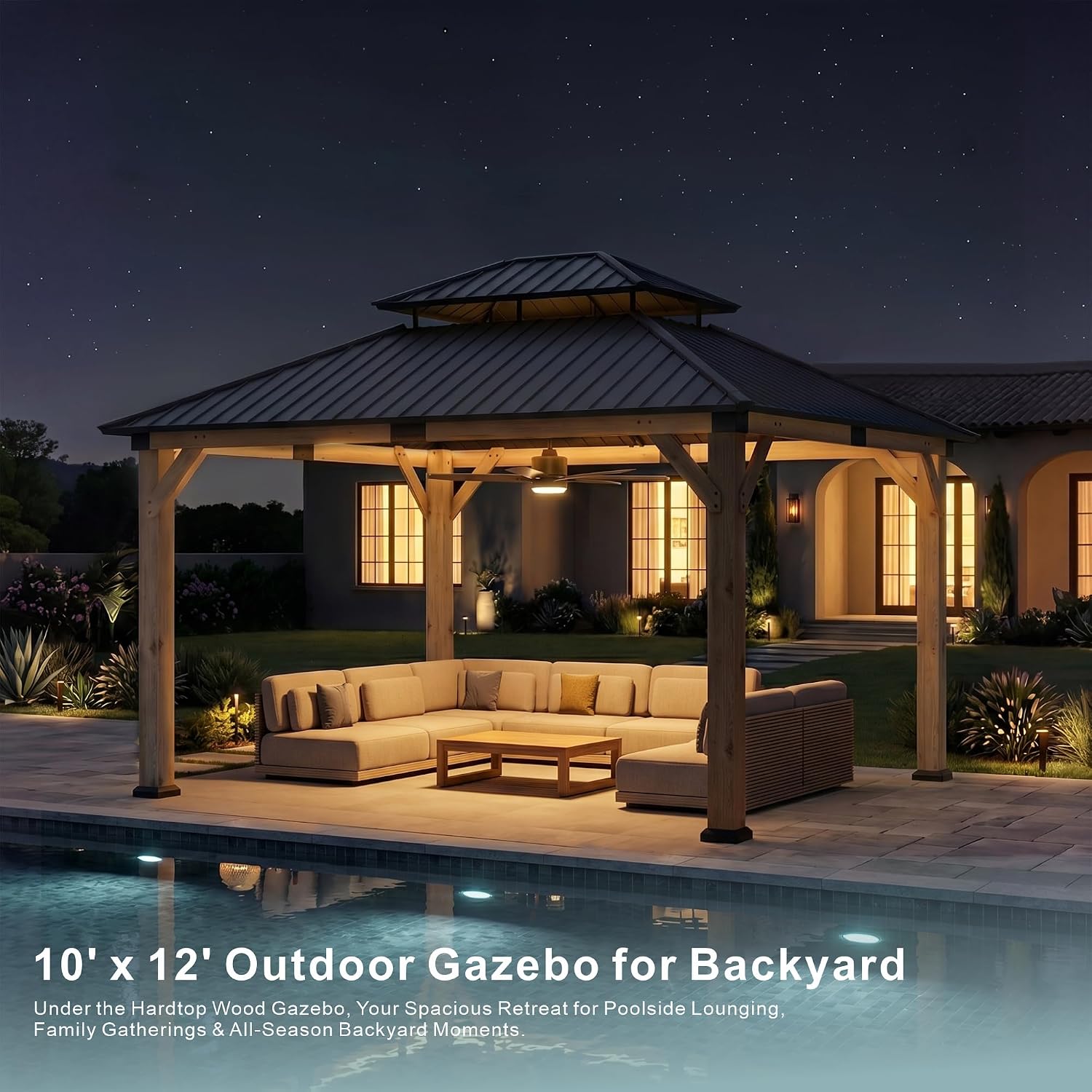 10' x 12' Wood Gazebo, Hardtop Gazebo Permanent Wooden Pavilion with Galvanized Steel Double Roof, Cedar Outdoor Gazebo with 4.72' Thick Posts for Patio, Backyard, Garden and Deck