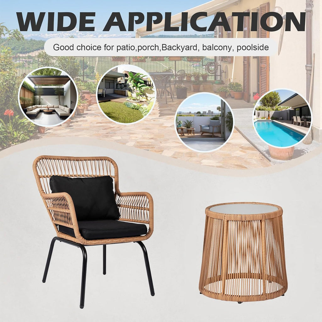 3 Piece Outdoor Wicker Furniture Bistro Set, Rattan Chairs Conversation Sets Wicker Patio Furniture for Balcony Poolside Backyard, Yellow/Black