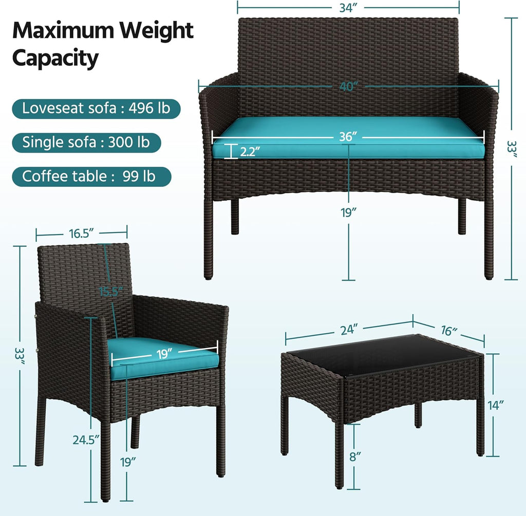 Yaheetech Patio Furniture Set 4 Pieces Conversation Sets, Rattan Chair Wicker Set Loveseat with Soft Cushion and Glass Table for Backyard Porch Garden Poolside Balcony, Brown and Cyan