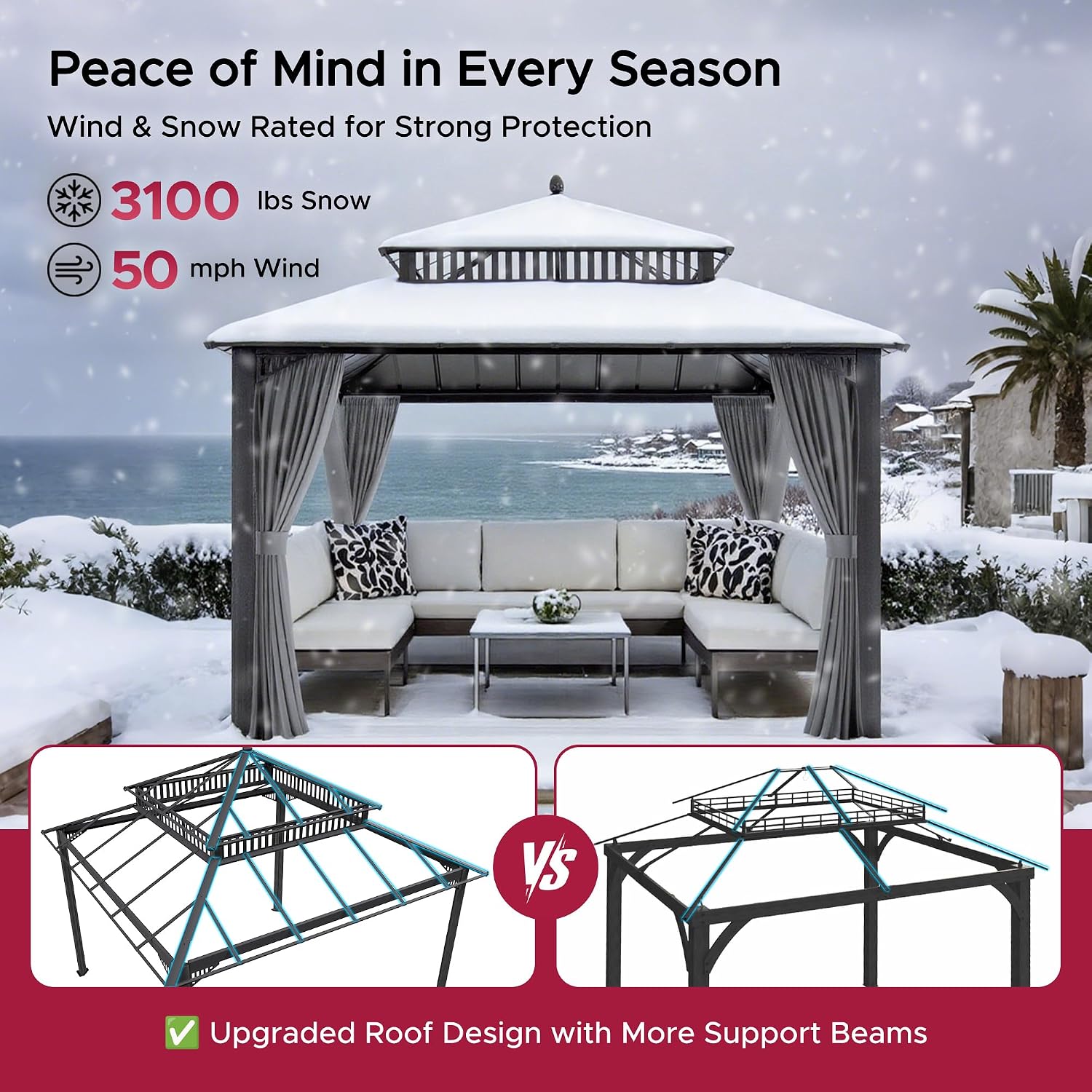 SUNJOY Kingston 12' x 12' Hardtop Gazebo with Galvanized Steel/Polycarbonate Double Roof, Curtain and Netting, Gray Aluminum Posts Permanent Pavilion Gazebo for Garden, Patio, Deck, Lawn