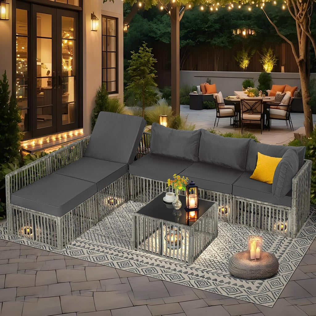 FHFO 7 Pieces Outdoor Patio Furniture Set, Wicker Outdoor Sectional Conversation Couch Set with Adjustable Backrest Sofa, Thick Cushion & Coffee Table for Garden, Porch, Poolside, Grey/Grey