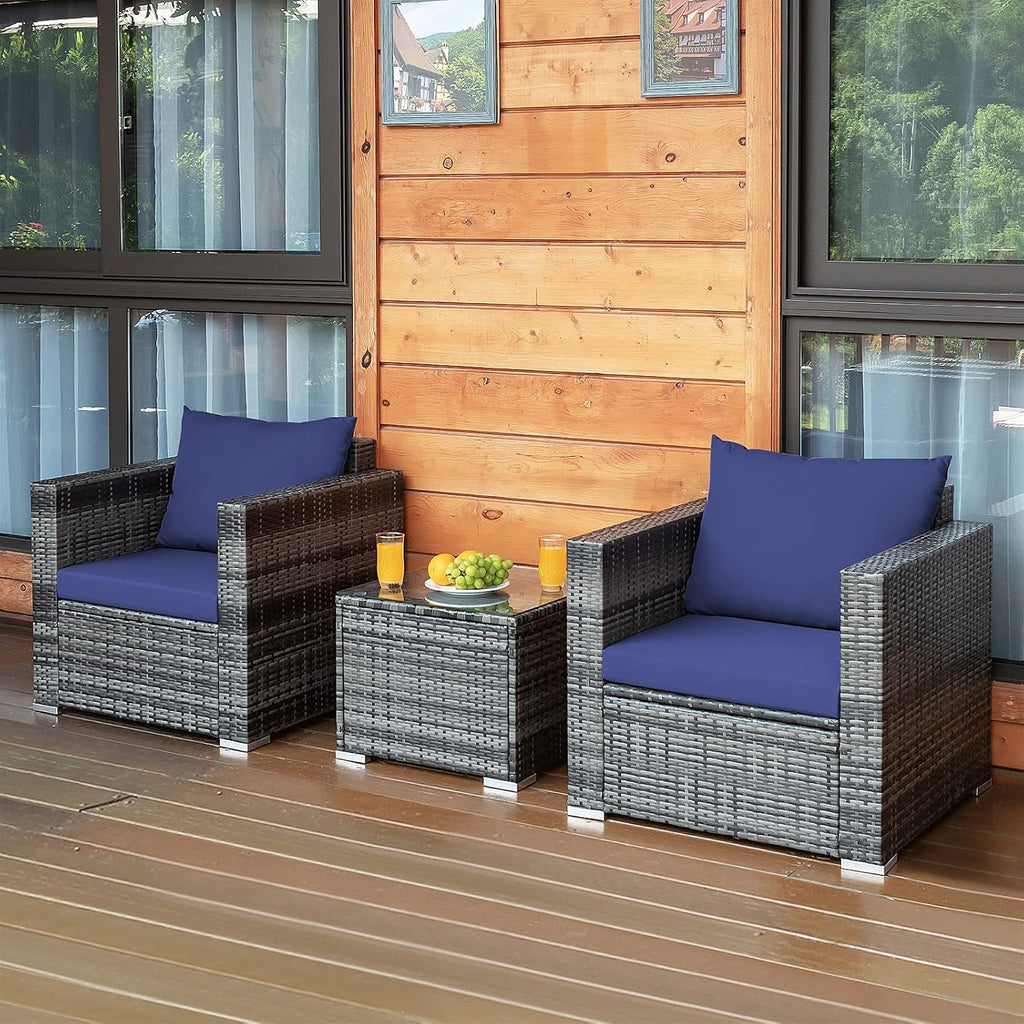 HAPPYGRILL 3 Pieces Patio Conversation Set Outdoor Rattan Wicker Sofa Set with Coffee Table Patio Furniture Set with Soft Cushions for Balcony Porch Backyard Garden