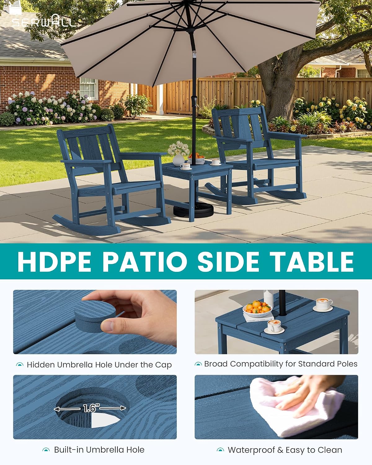 SERWALL Outdoor Rocking Chairs Set of 2 with 1 Side Table & 9ft Patio Umbrella, All-Weather HDPE 3 Piece Patio Furniture Set(Umbrella Base Not Included), Blue