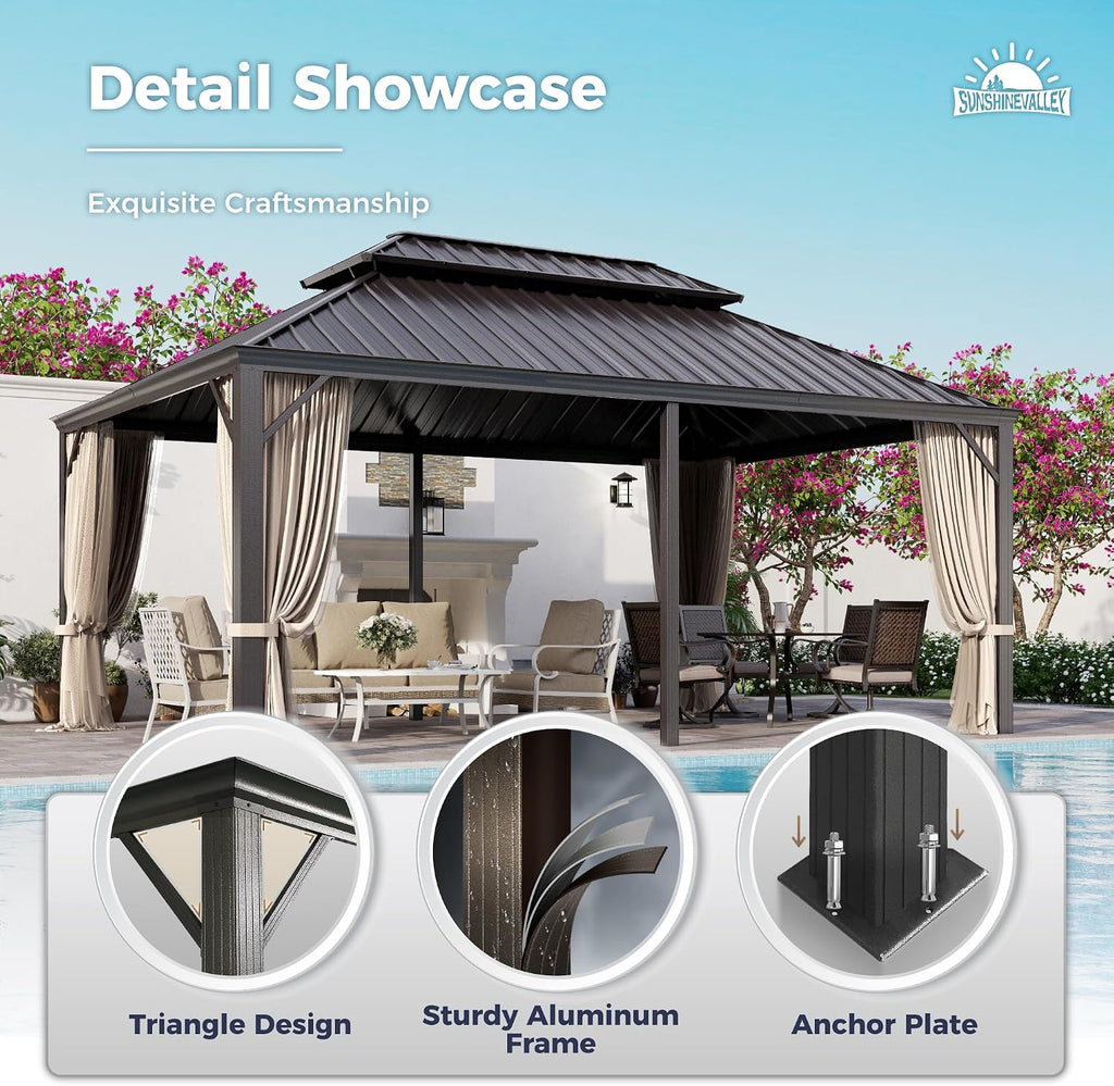 SUNSHINE VALLEY 12'x18' Hardtop Gazebo, Permanent Aluminum Outdoor Gazebo with Galvanized Steel Double Roof & Gutter System, Heavy Duty Patio Pavilion Canopy with Netting and Curtains for Deck, Garden