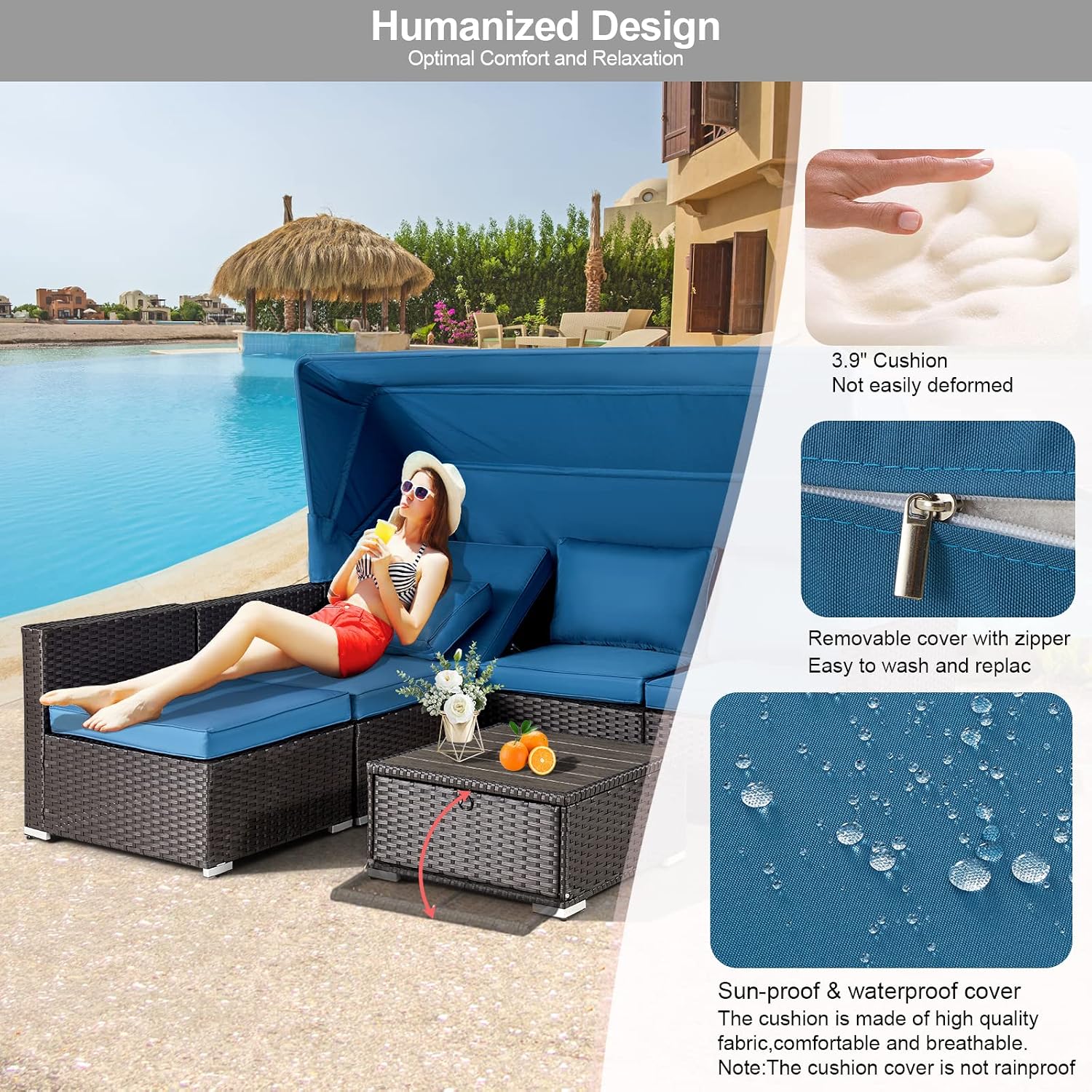 HOMREST 6 Pieces Patio Furniture Sets, Rattan Daybed with Retractable Canopy, Outdoor Sectional Sofa Set with Adjustable Backrest, Chaise Chair Sunbed for Garden Poolside Backyard(Blue)