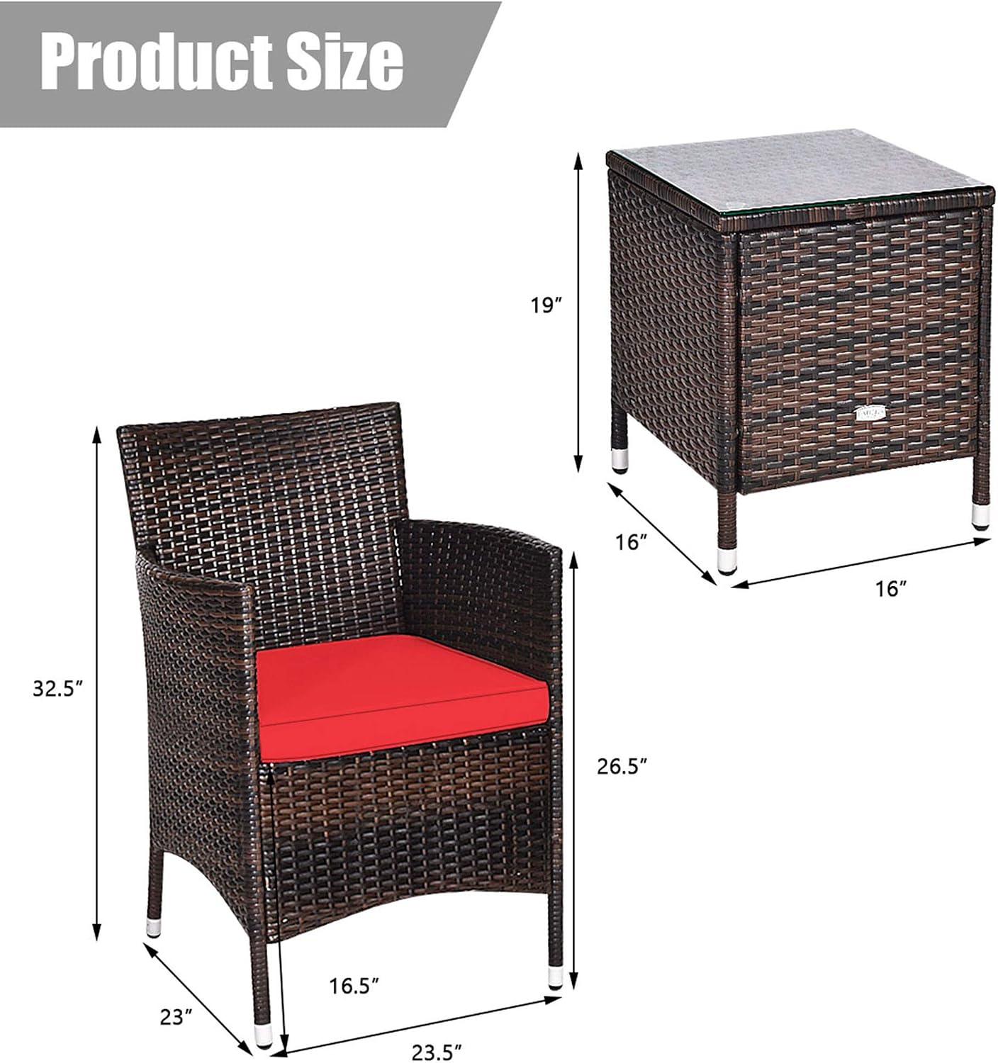 DORTALA Wicker Patio Furniture Set 3 Piece, Small Outdoor Table & Chairs Set with Cushions, All-Weather Rattan Conversation Bistro Set for Balcony, Porch, Backyard, Deck, Red