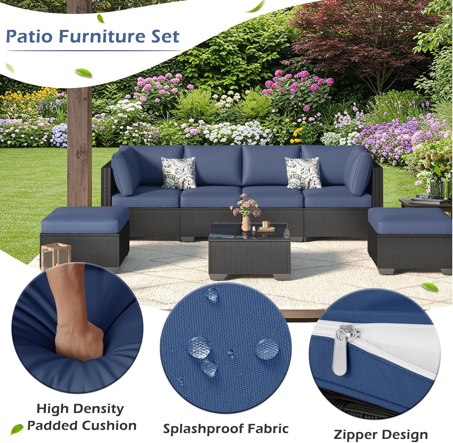 U-MAX 7 Piece Outdoor Patio Furniture Set, PE Rattan Wicker Sofa Set, Outdoor Sectional Furniture Chair Set with Navy Cushions and Tea Table, Black Rattan