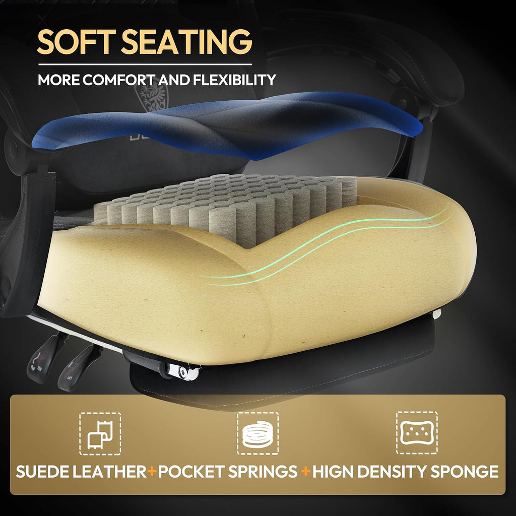Dowinx Gaming Chair with Heated Massage Lumbar Support,Big and Tall Fabric Gaming Chairs for Adults with Footrest, Ergonomic Computer Game Chair with Poket Spring Cushions, 350lbs, Black and White